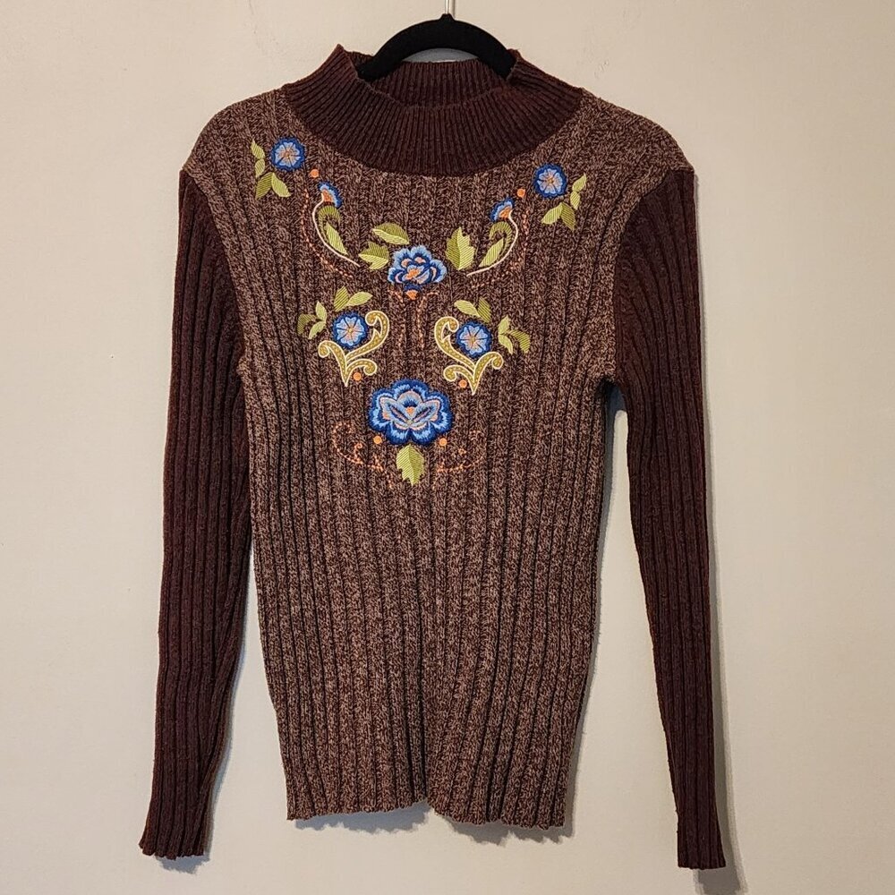 Sundance Women M Floral Embroidered Pullover Mock Neck Sweater Brown Ribbed knit